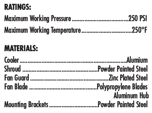 Hydraulic Oil Cooler Technical Specifications